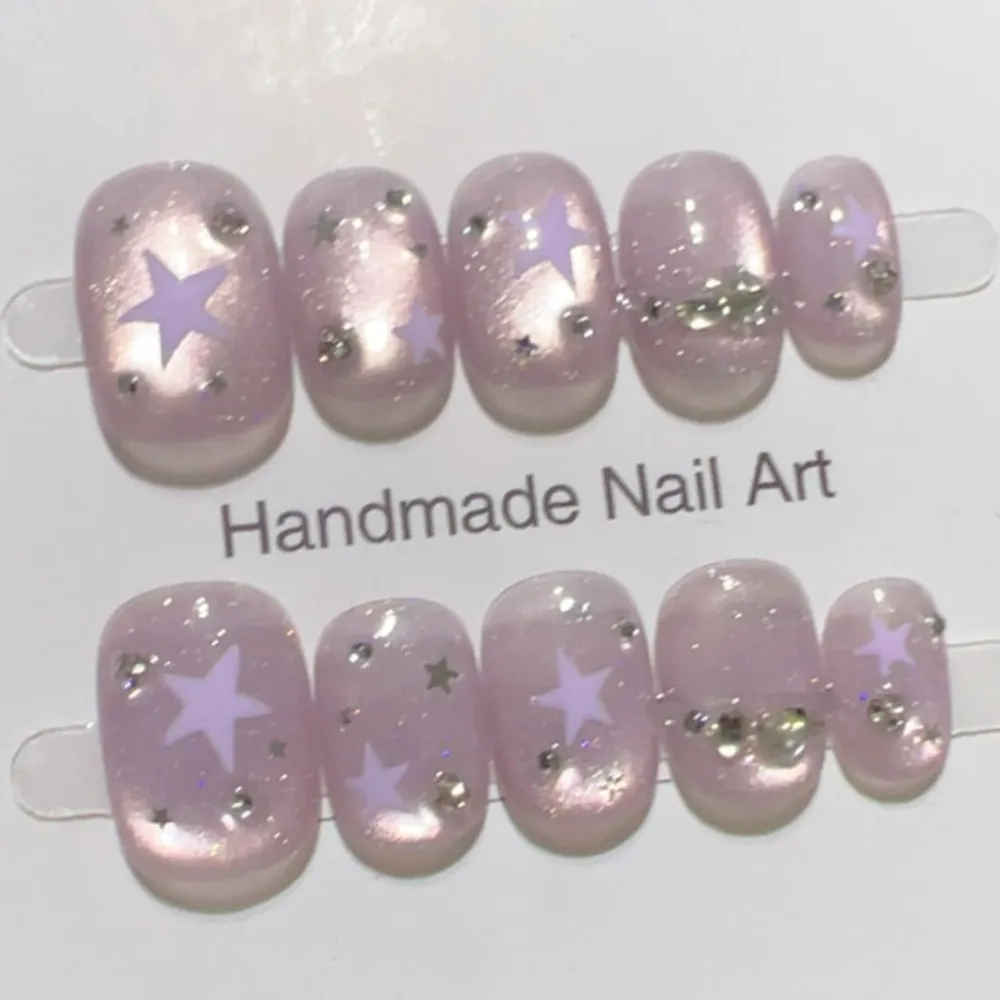 Nailhour 10Pcs Purple Rhinestone Cat Eye Short Squoval Press On Nails