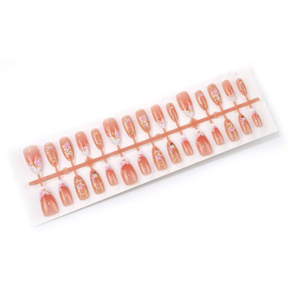 Nailhour 30Pcs Nude French Floral Medium Almond Press On Nails