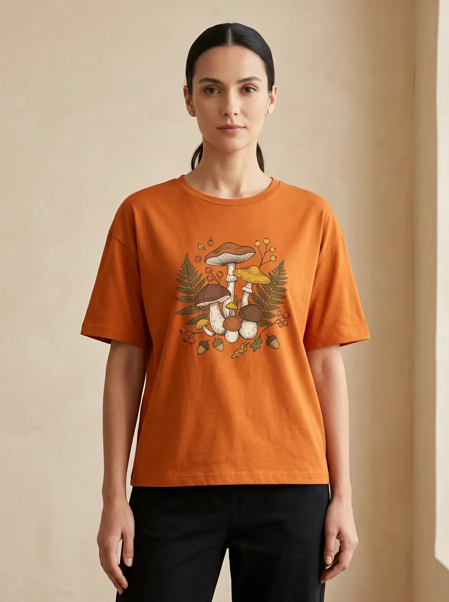 Rustic Mushroom Fern Printed Women's Graphic T-Shirt