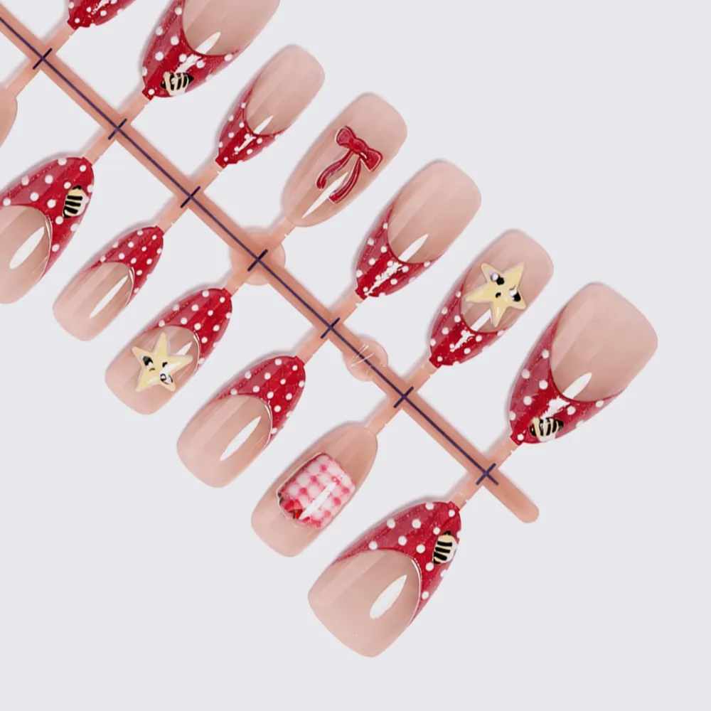 Nailhour 30Pcs Yellow Star 3D Medium Almond French Press On Nails