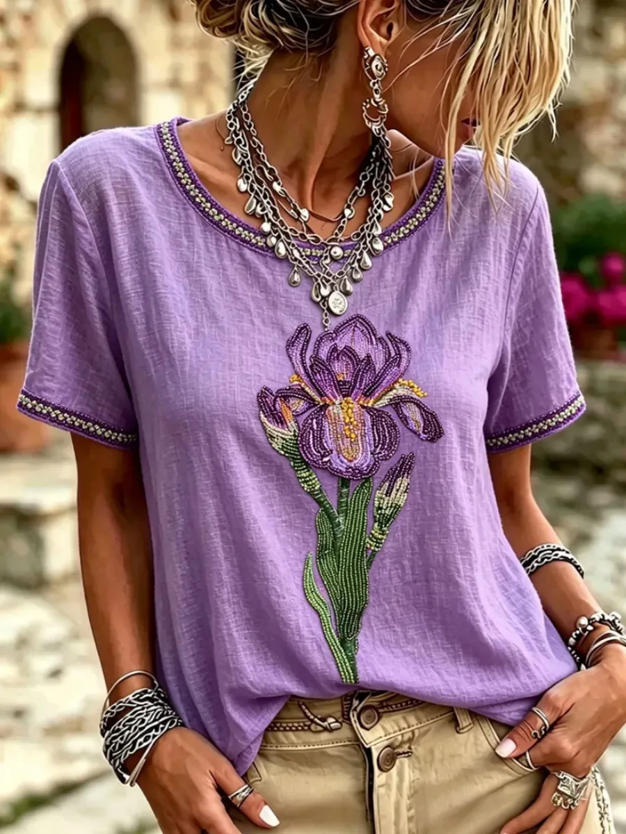 Women's Purple Floral Art Short Sleeve Linen Shirt