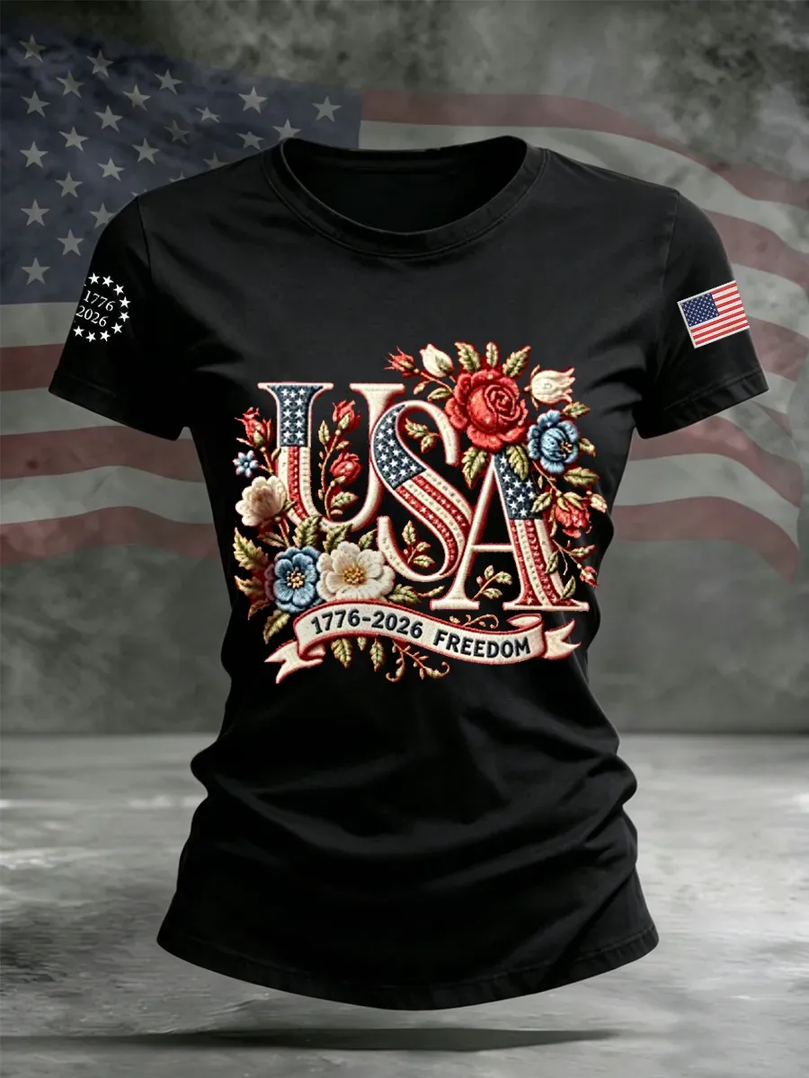 Women's Flag & Floral Print Cotton-Linen T-Shirt