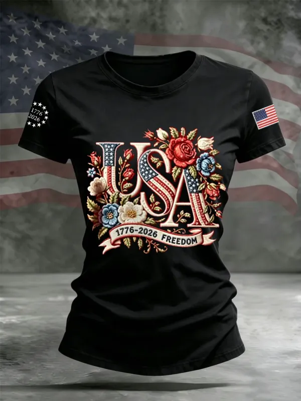 Women's Flag & Floral Print Cotton-Linen T-Shirt
