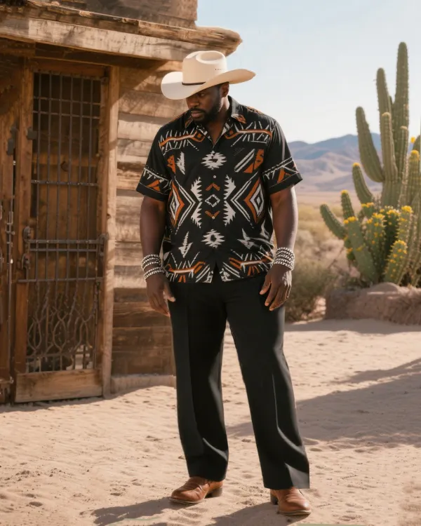 Men'S Western Wind Diamond Sawtooth, Triangle Thunder Cloud, Arrow Feather Radiographic Print Short Sleeve Shirt