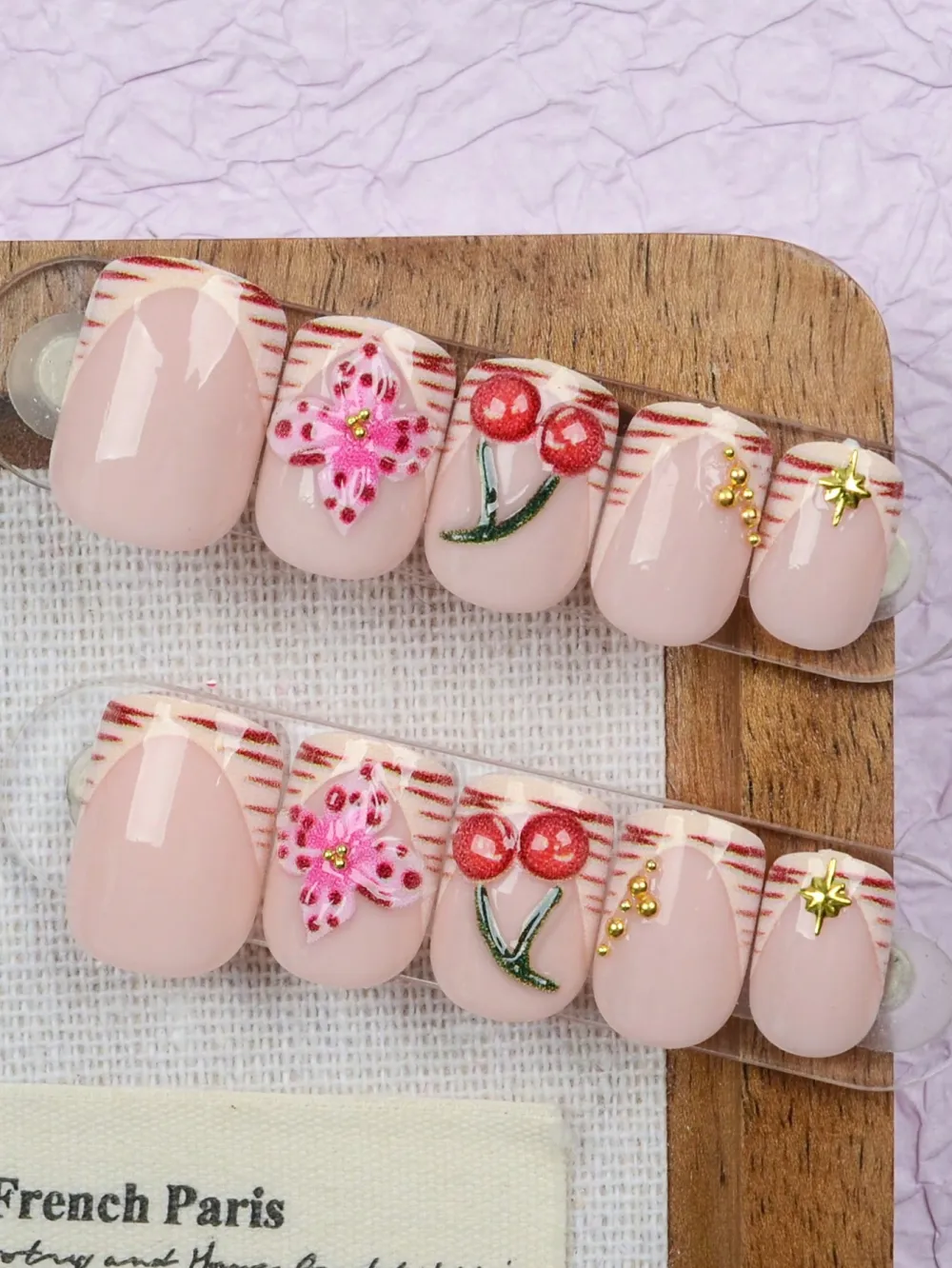 Nailhour 24Pcs French 3D Flower Cherry Nail Art Acrylic Press-On Nails
