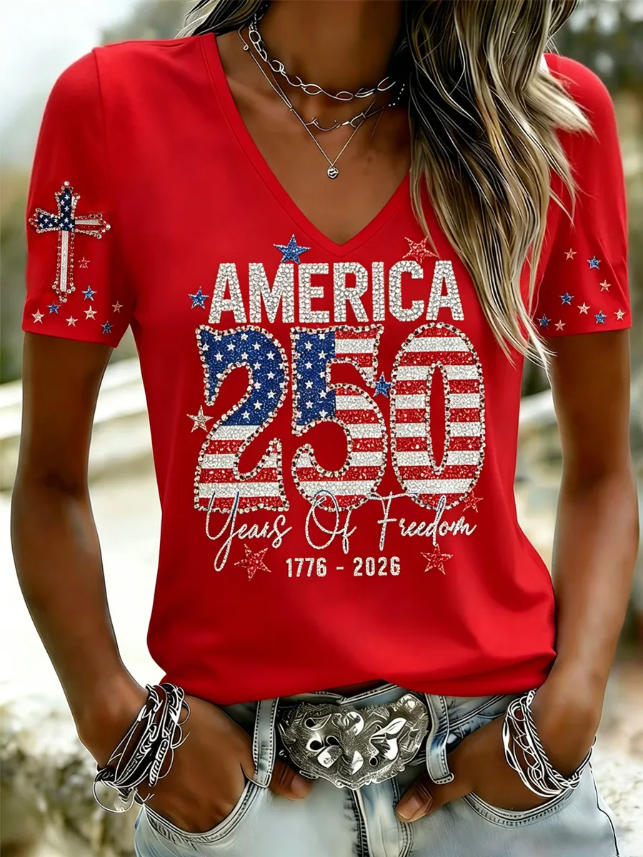 Women's Casual USA 250th Celebration Print Short Sleeve T-shirt