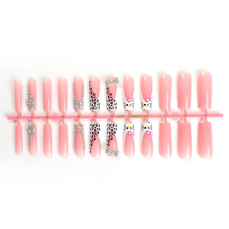 Nailhour Handmade 24Pcs Cute Leopard Cat Long Square Rhinestone Press On Nails