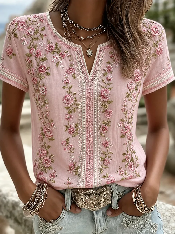 Women's casual cotton and linen short sleeved shirt
