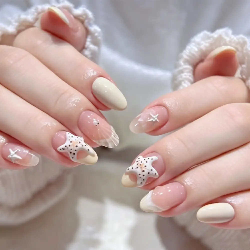 Nailhour 30Pcs Pink French 3D Medium Almond Press On Nails