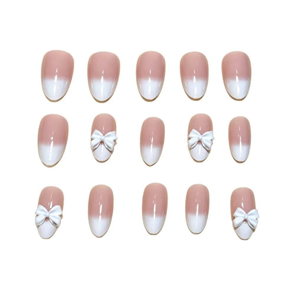 Nailhour 30Pcs White 3D French Bow Short Almond Press On Nails