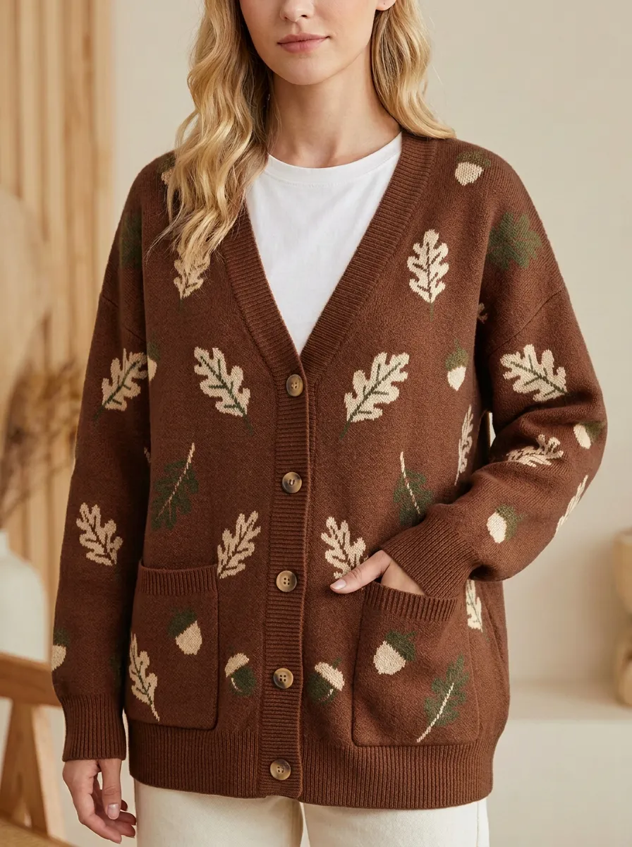 Relaxed Oak Leaf Acorn Pattern Patterned Women's Knit Cardigan