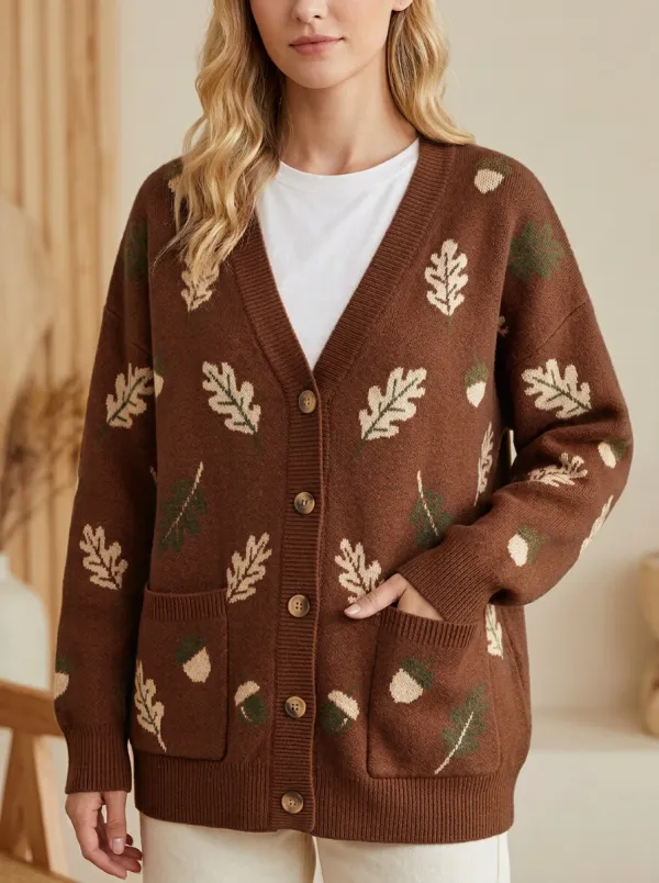 Relaxed Oak Leaf Acorn Pattern Patterned Women's Knit Cardigan
