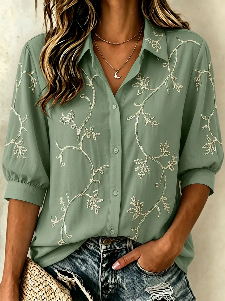 Women's Breast Cancer Awareness Floral Vine Embroidered Button-up Shirt