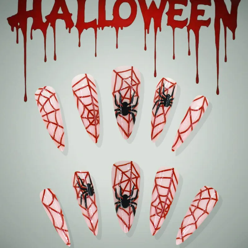 Nailhour 24Pcs Halloween Long Almond Bloody Spiderweb Press On Nails