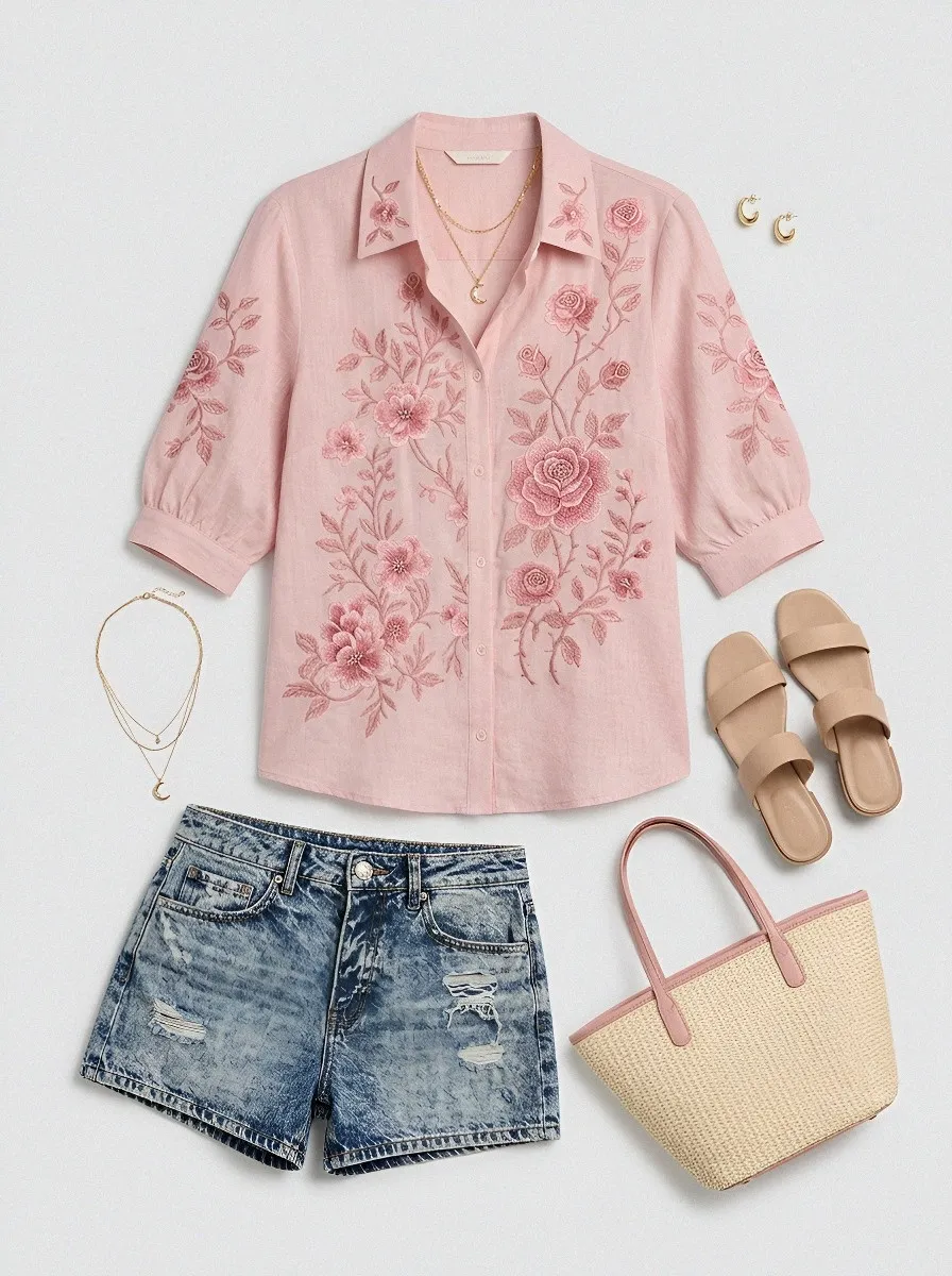 Women's Breast Cancer Awareness Pink Rose Floral Embroidered Button-up Shirt