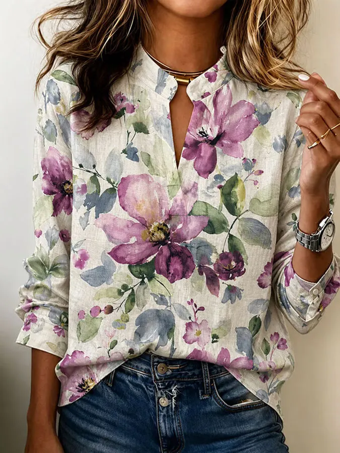 Women'S Purple Floral Printed Casual Top