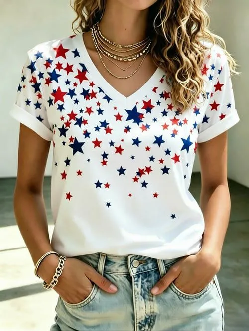 Women'S America Flag Print Casual V-Neck T-Shirt