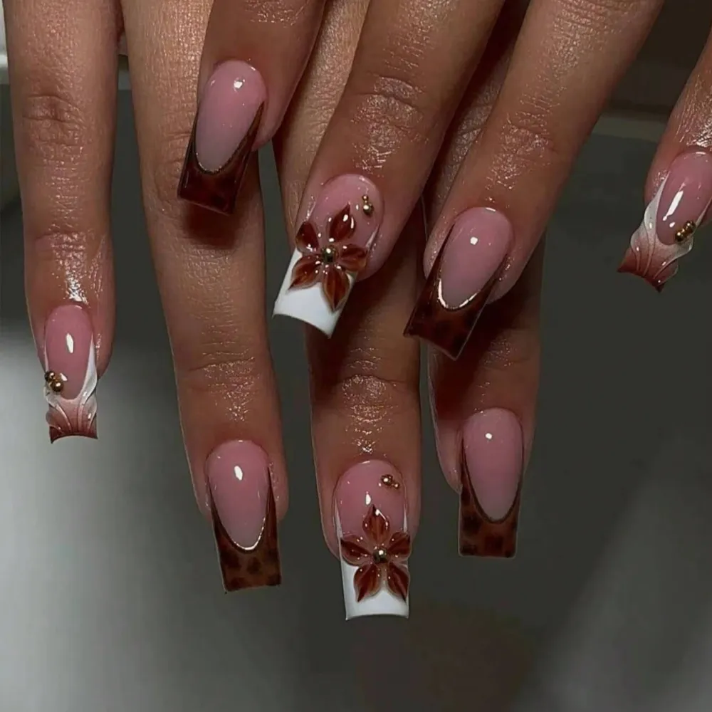 Nailhour 24Pcs French Brown 3D Medium Square Press On Nails