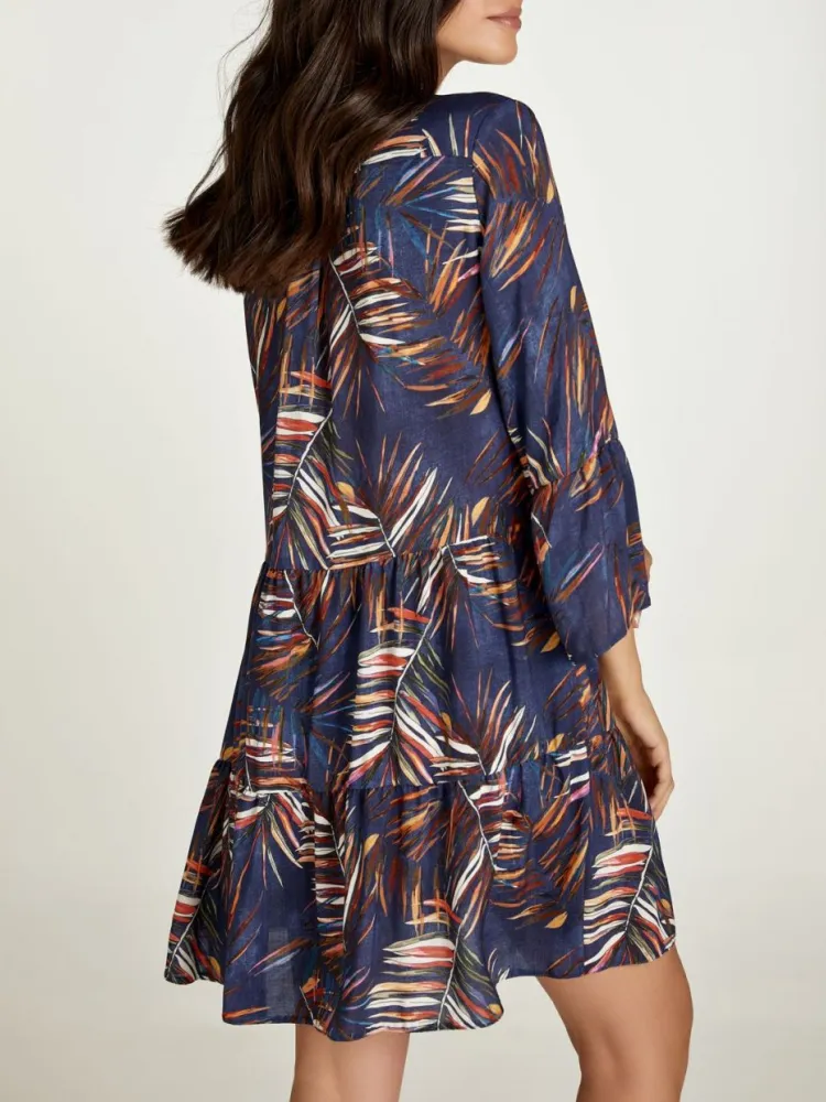 Leaf Print Notched Long Sleeve Dress