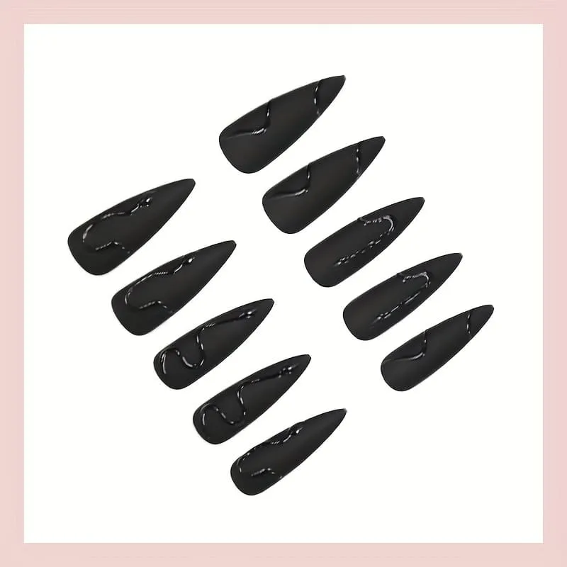 Nailhour 24Pcs Frosted Minimalist French 3D Long Stiletto Black Press On Nails