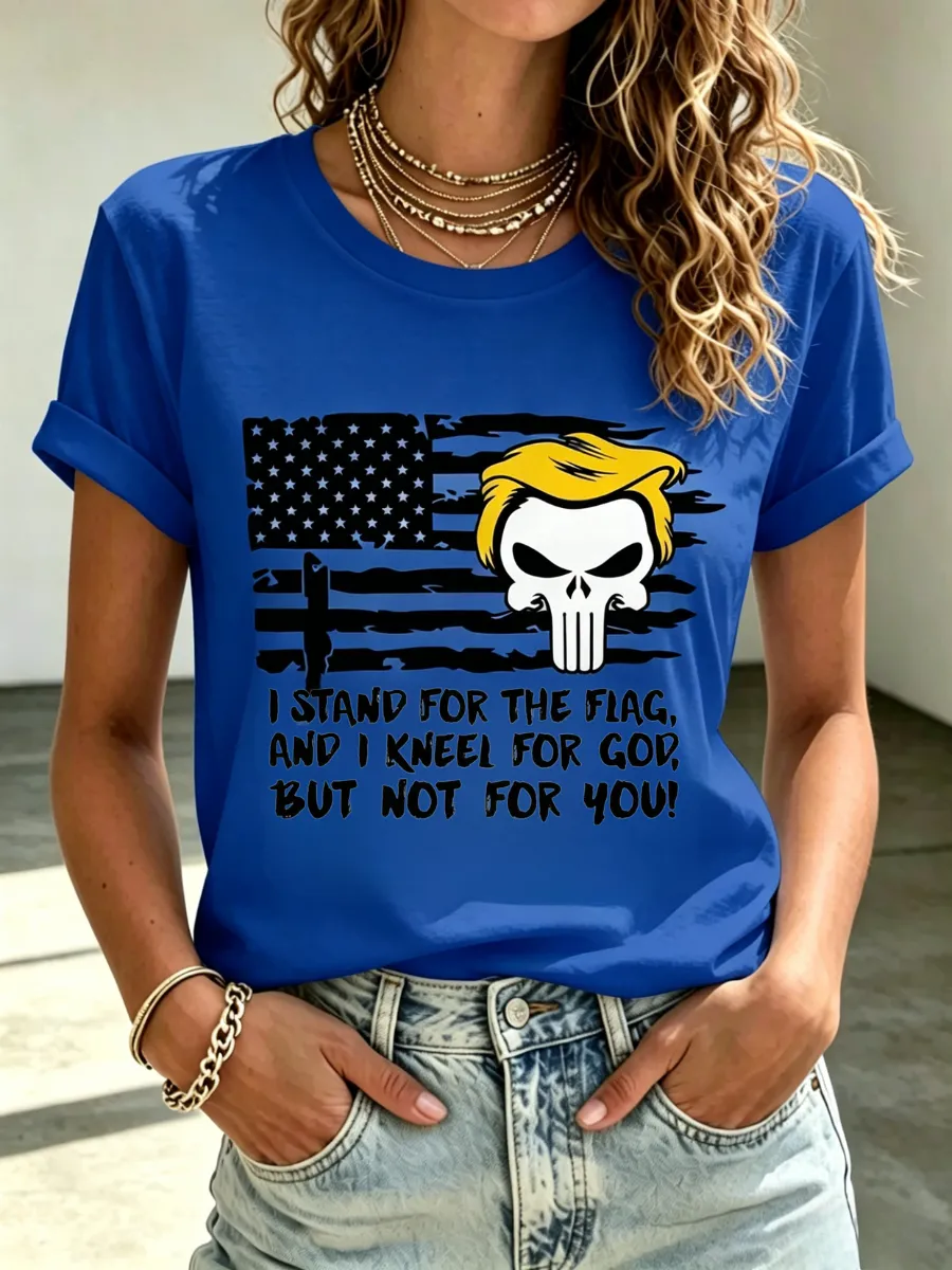 Women's America's 250th Anniversary Stand For The Flag Kneel For The Cross Faith Christian Cross Print T-Shirt