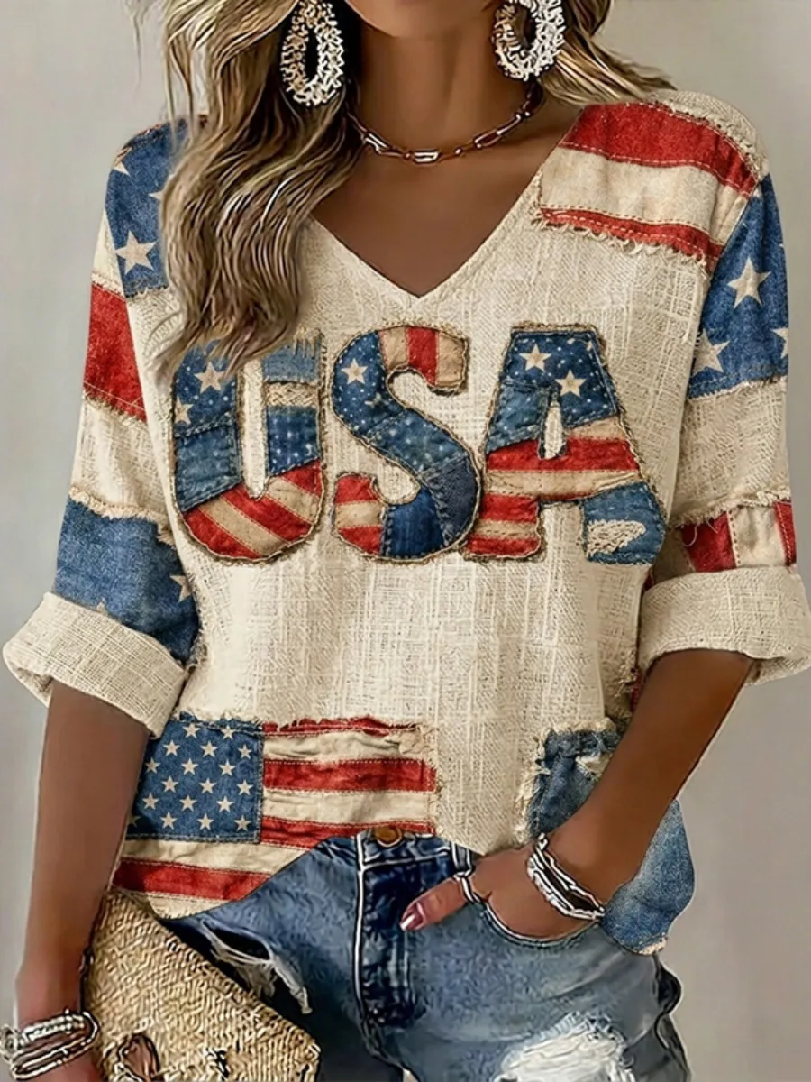 Women's 1776-2026 Anniversary Celebration Printed Half Sleeve V-Neck T-Shirt