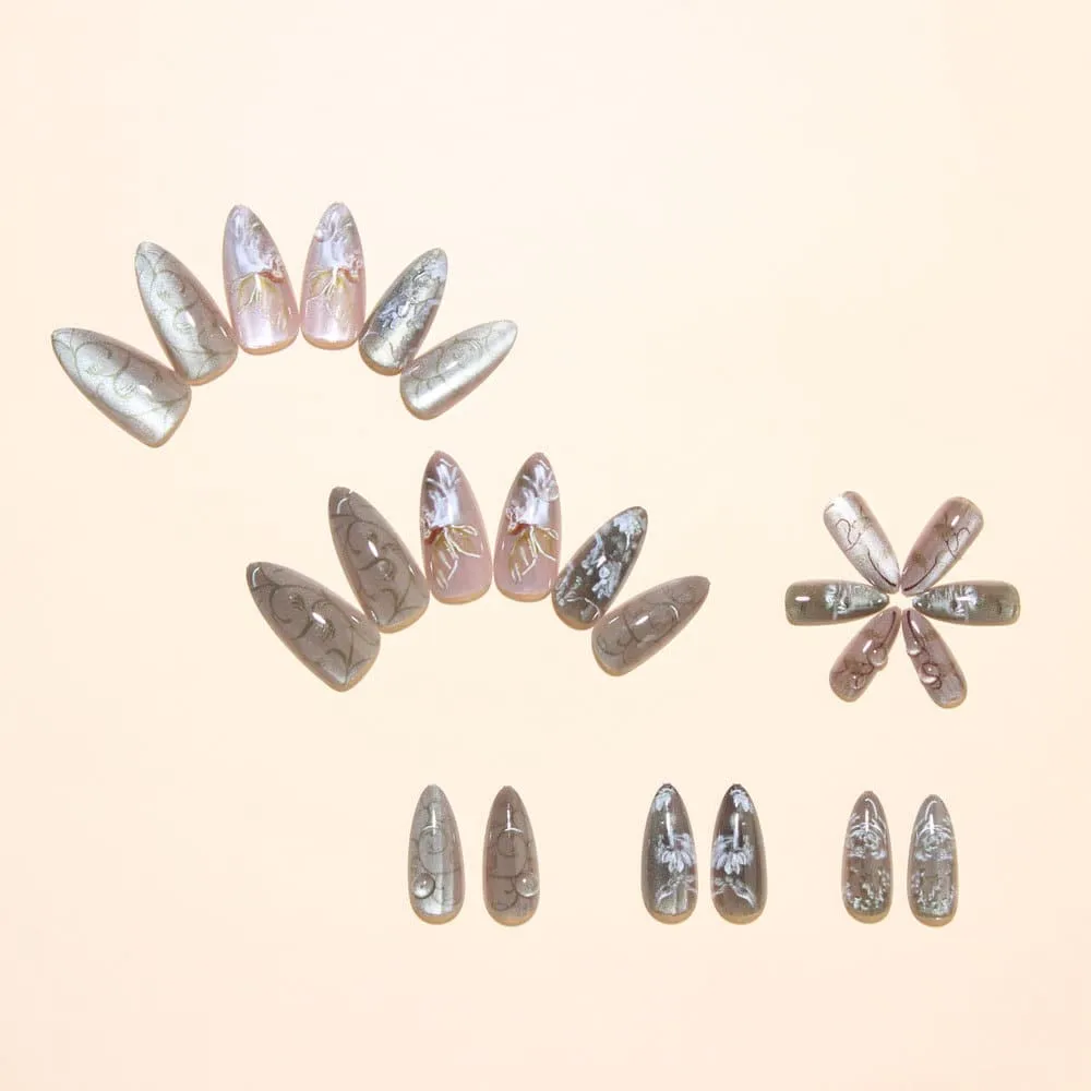 Nailhour 24Pcs Green Floral Medium Almond French Press On Nails