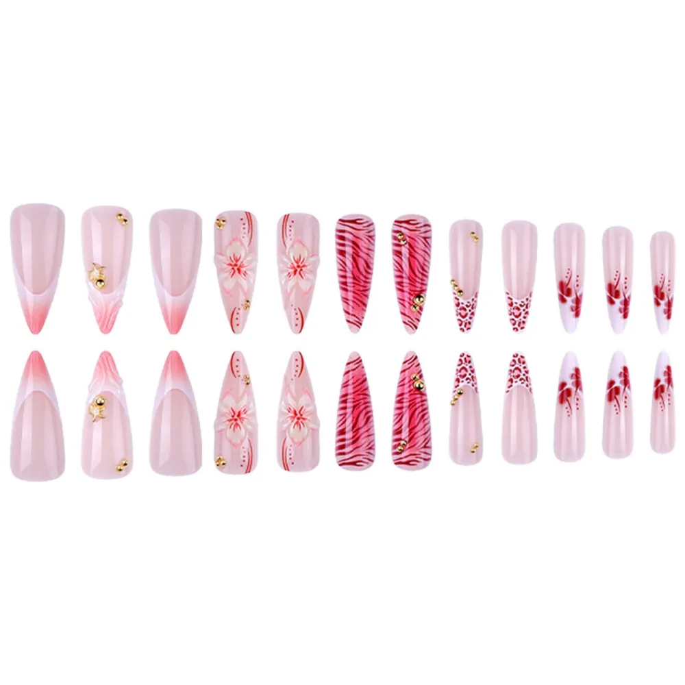 Nailhour 24Pcs Pink Leopard Print Medium Almond French Press On Nails