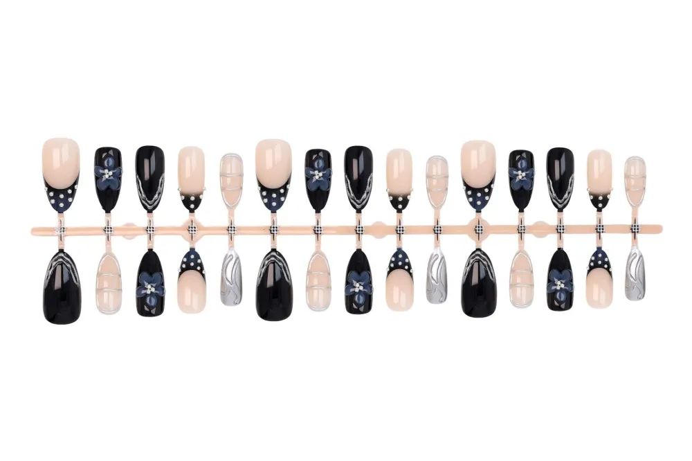 Nailhour 30Pcs Dark Blue Gradient Medium Almond French Press On Nails