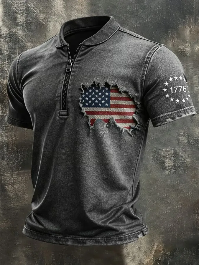 Men's Retro 100% Cotton Washed Broken American Flag Zipper T-shirt