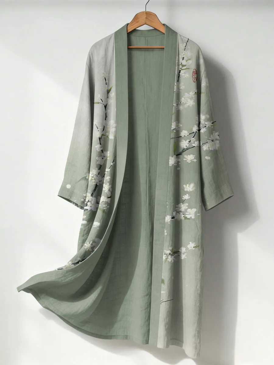 Japanese Floral Lino Art Flowy Long Linen Kimono