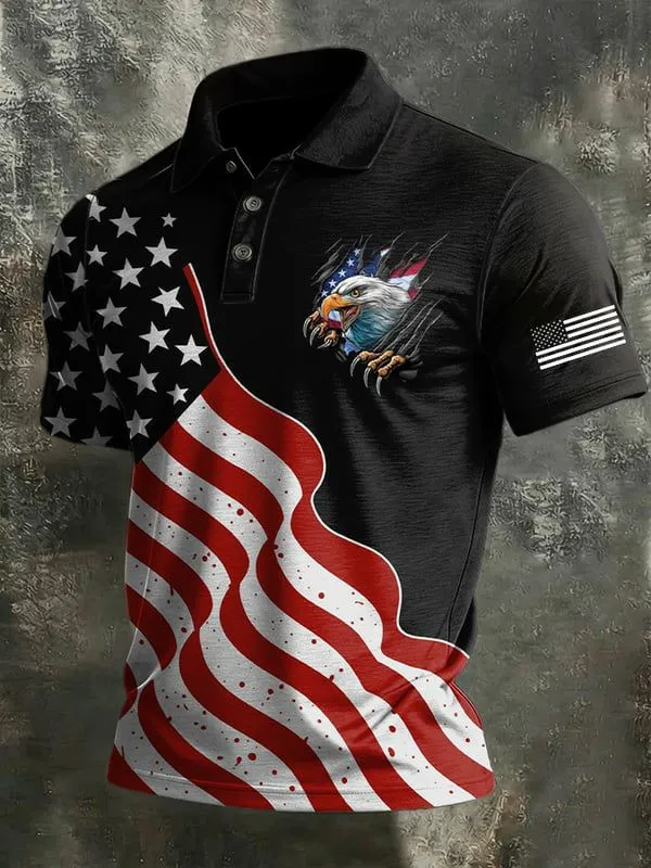 Men'S American Flag Print Casual Polo Shirt