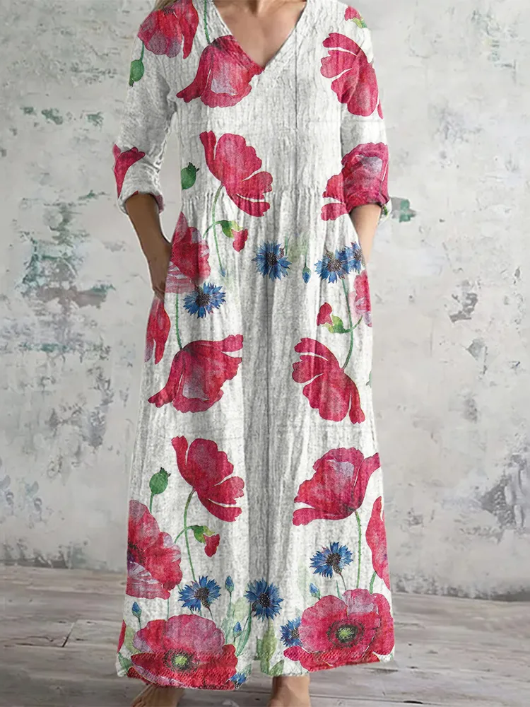 Bold Red Blossom Linen V-Neck Maxi Dress