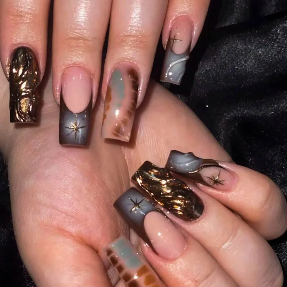 Nailhour 24Pcs French Gilded Glitter Long Square Press On Nails