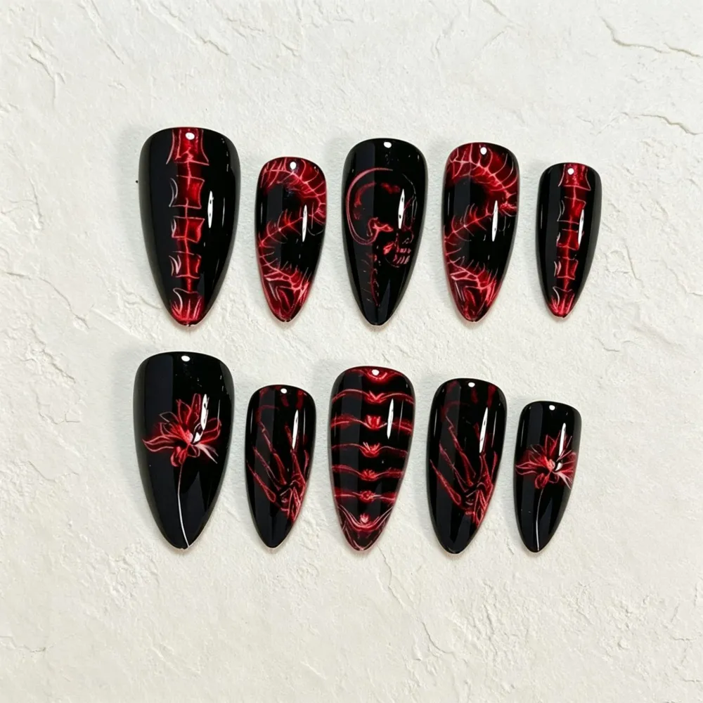 Nailhour 24Pcs Red Halloween Medium Almond Luminous Ghost Press On Nails