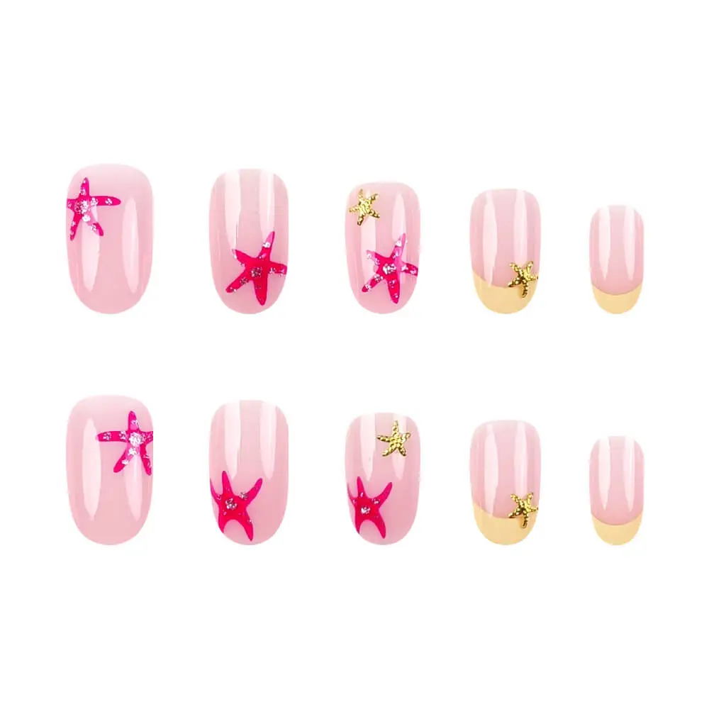 Nailhour 24Pcs French 3D Starfish Medium Almond Mermaidcore Press On Nails