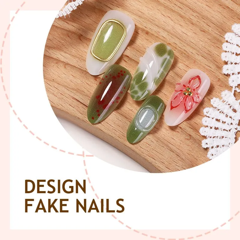 Nailhour 30Pcs Green Floral 3D Gilded Medium Almond French Press On Nails