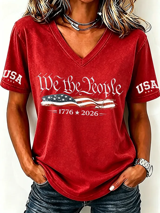 Women'S Retro Independence Day Printed Casual Short Sleeved T-Shirt