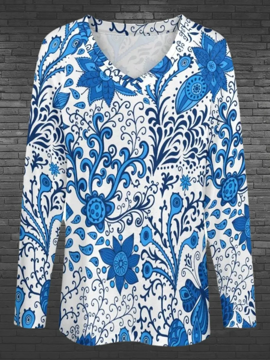 Artistic Blue Floral T-Shirt