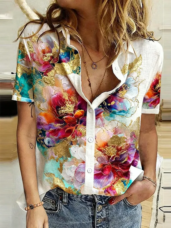Women's Comfortable Artistic Floral Cotton Linen Shirt