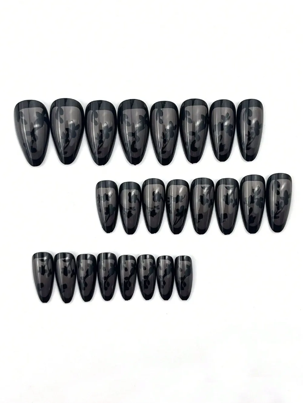 Nailhour 24Pcs Black Floral Gothic Party Medium Almond Press On Nails