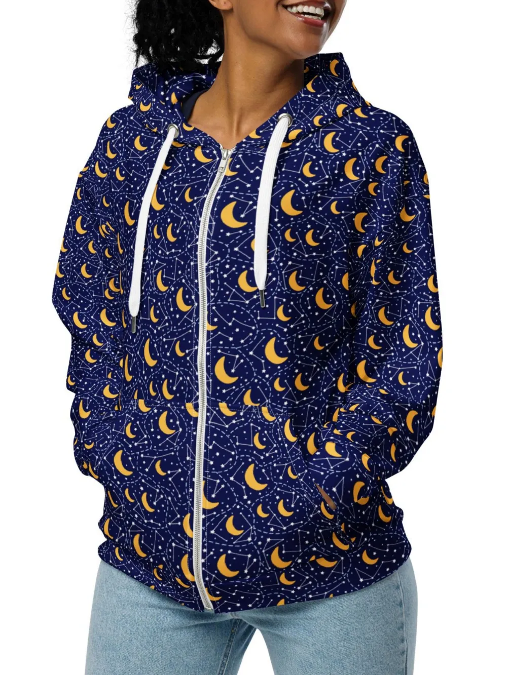 Moon & Stars Print Zip Hoodie