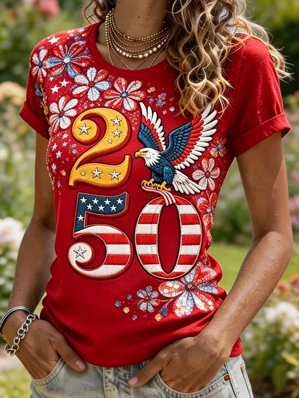 Women's USA 250th Eagle & Flag Embroidered Short Sleeve T-Shirt