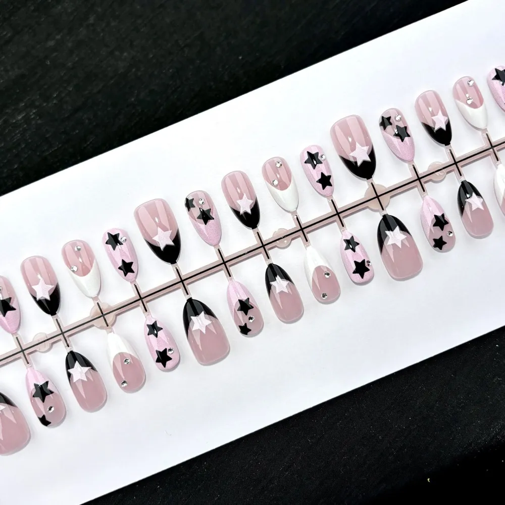 Nailhour 30Pcs Black And Pink Star Medium Almond French Press On Nails