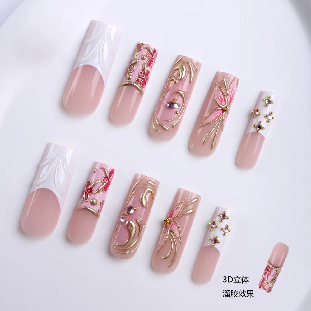 Nailhour 24Pcs French Glitter Gilded Long Square Press On Nails