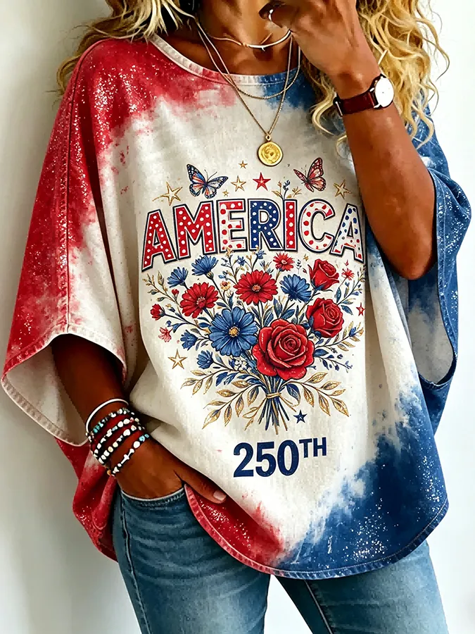 Women's 250th Anniversary Celebration America Sparkle Floral Art Fashion Top