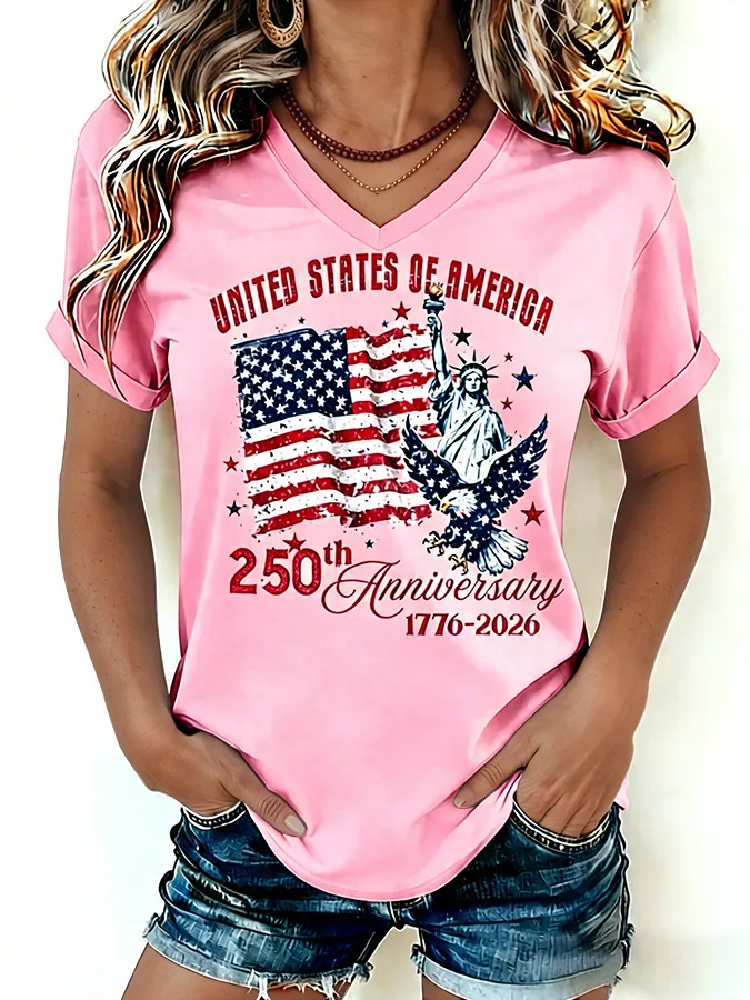 Women's 1776-2026 Statue of Liberty Anniversary Eagle Print V-neck T-shirt
