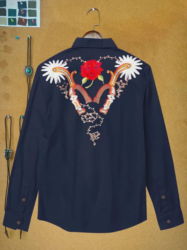 Western Vintage Flag Flower Printed Hawaiian Shirt For Men Button-down Shirt Long Sleeve 100% Cotton Shirt