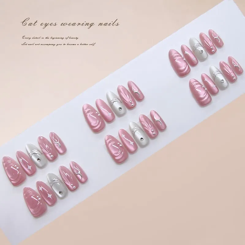 Nailhour 30Pcs 3D Pink Cat Eye Rhinestone Medium Almond Press On Nails
