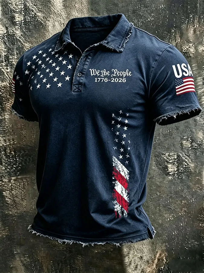 Men'S American Flag Print Casual Polo Shirt